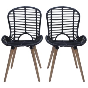 2er Set Esszimmerstühle: Schwarze Rattan-Stühle mit Holzbeinen für Esszimmer oder Garten.