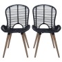 2er Set Esszimmerstühle: Schwarze Rattan-Stühle mit Holzbeinen für Esszimmer oder Garten.