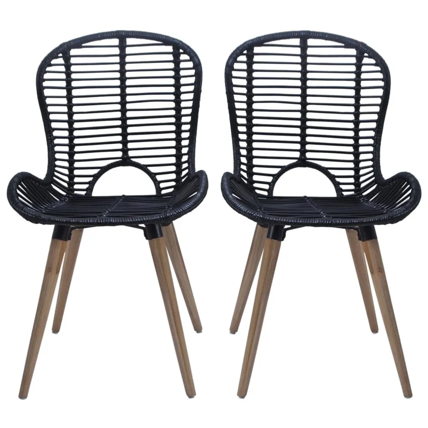 2er Set Esszimmerstühle: Schwarze Rattan-Stühle mit Holzbeinen für Esszimmer oder Garten.