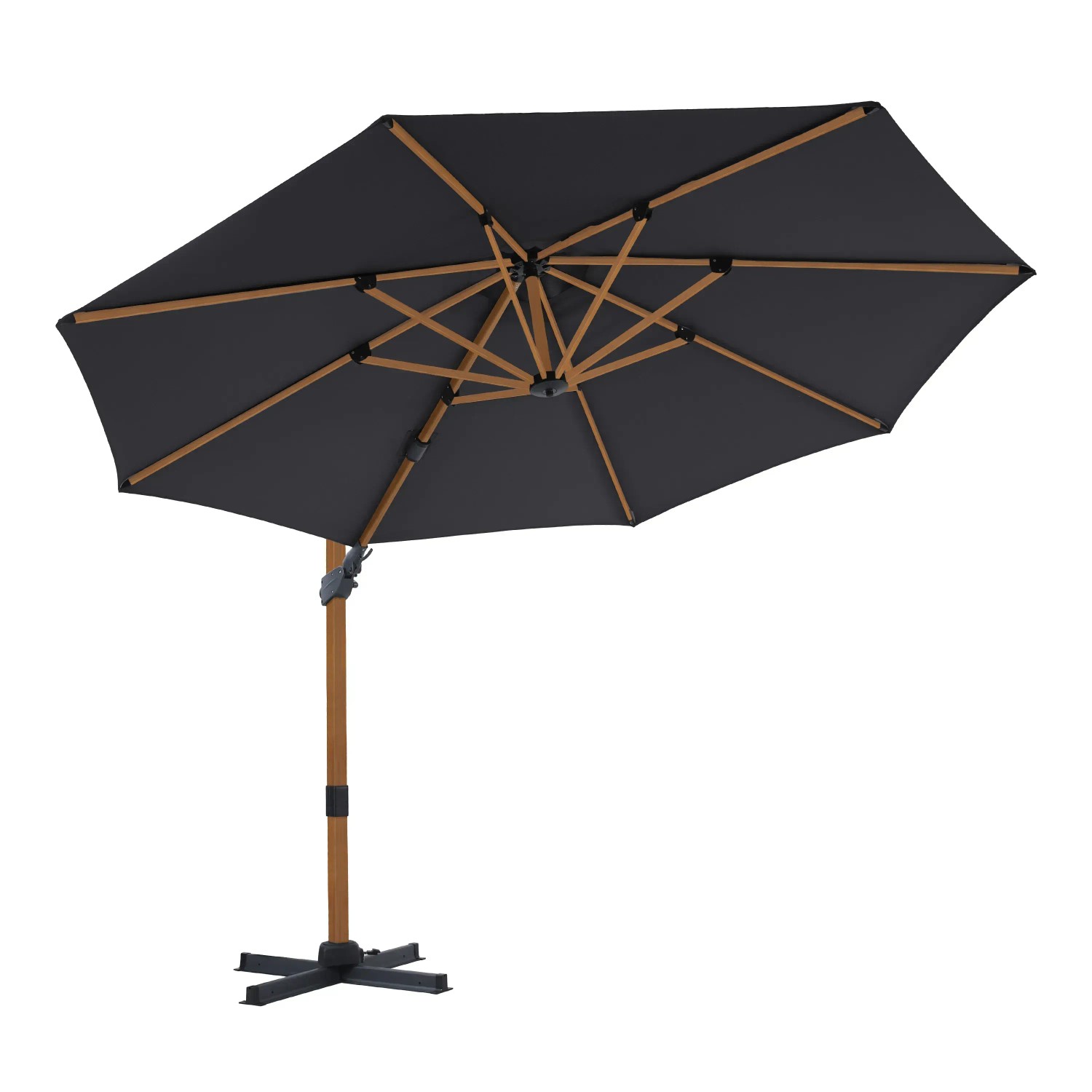 Axi Ampelschirm Cyrus Premium, Ø 300 cm, Holzoptik/Grau. Sonnenschirm mit stabilem Fuß und grauer Bespannung.
