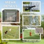 Details des PawHut Hühnerstalls: Fütterungstür, Federknopf-Clip, Verriegelung, Sitzstange und Futterspender.