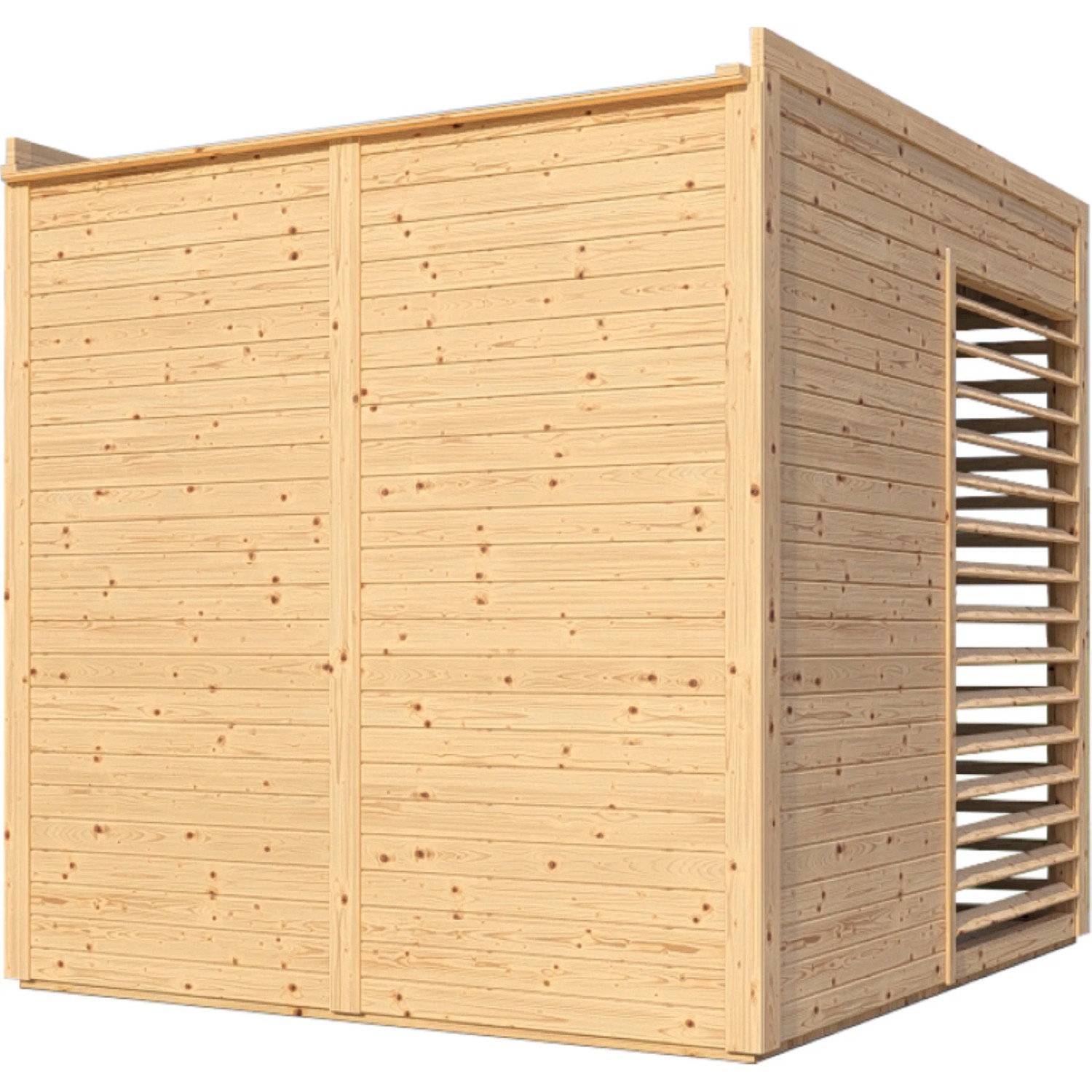 Bertilo Pavillon Garten-Lounge aus Holz, naturbelassen, mit Lamellenwand für Sichtschutz.