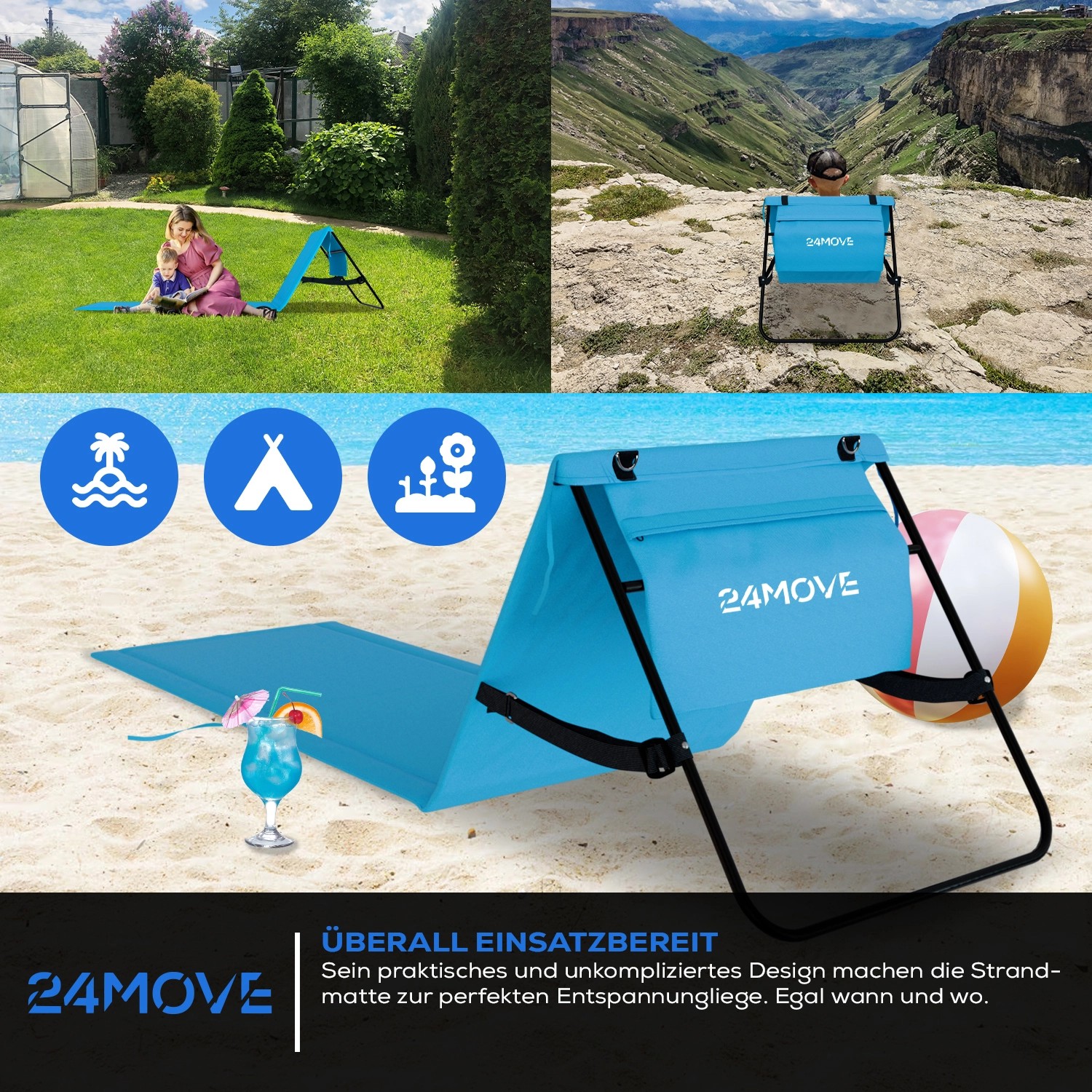 2er Set: Blaue 24MOVE Strandmatte mit Rückenlehne, klappbar und mit Tasche. Ideal für Strand, Garten oder Camping.