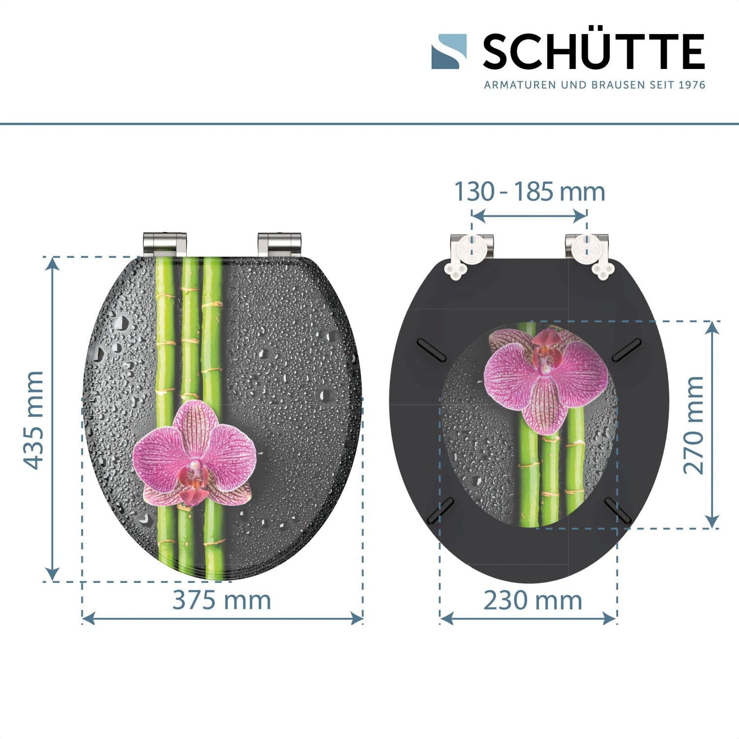 Schütte WC-Sitz Asia mit Holzkern und Absenkautomatik, Motiv mit Orchidee und Bambus.