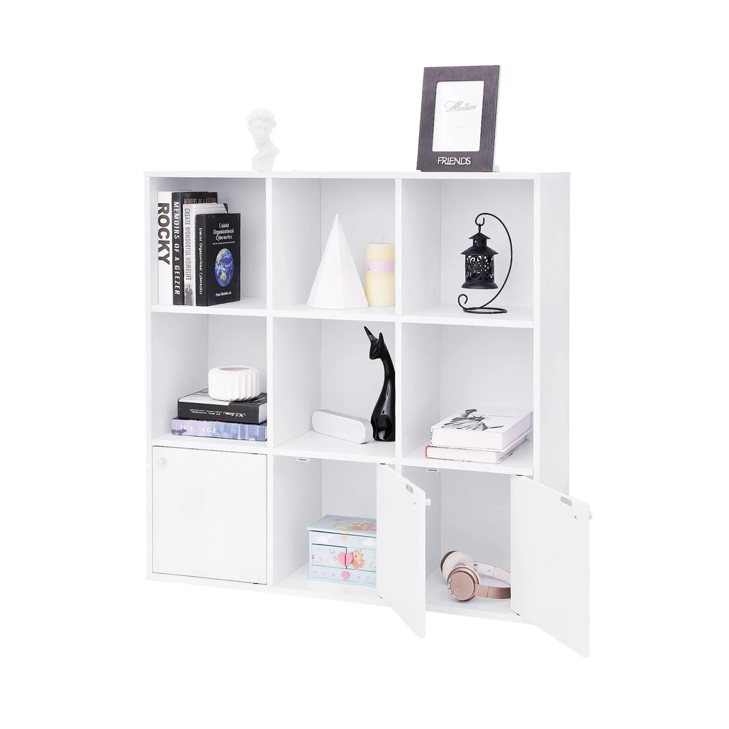 Weißes Vasagle Würfelregal (97,5x97,5x29cm) mit Türen, ideal als Bücherregal oder Raumteiler.