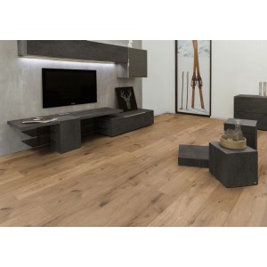 Helles Kaindl Smart Deal Laminat Eiche Ferrara in Holzoptik, wasserfest, verlegt in einem modernen Wohnzimmer.
