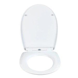 Weißer Wenko WC-Sitz Water Lily mit Absenkautomatik, geöffnet.