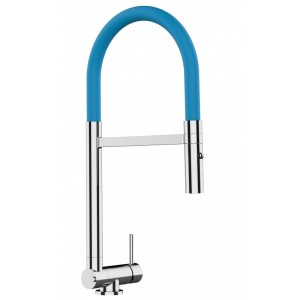 VIZIO Küchenarmatur, verchromt/hellblau, mit schwenkbarem Auslauf und Handbrause.