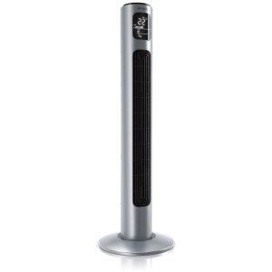 Silberner Brandson Turmventilator mit digitalem Display und Fernbedienung.