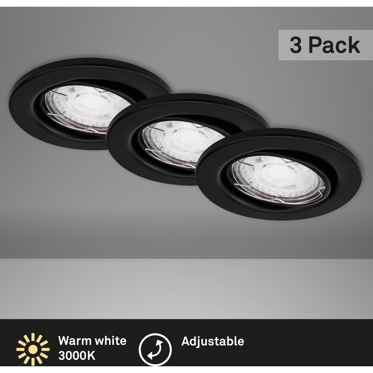 Brilo LED-Einbauleuchte Sten 3er-Set, matt-schwarz, schwenkbar, warmweißes Licht.