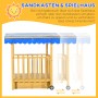 Outsunny Sandkasten mit Dach, Holz, blaues Sonnendach, mit Rädern zum einfachen Verschieben.