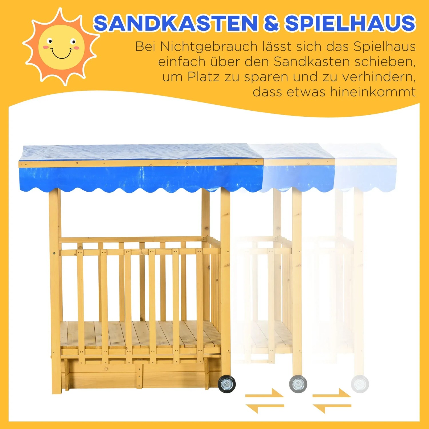 Outsunny Sandkasten mit Dach, Holz, blaues Sonnendach, mit Rädern zum einfachen Verschieben.