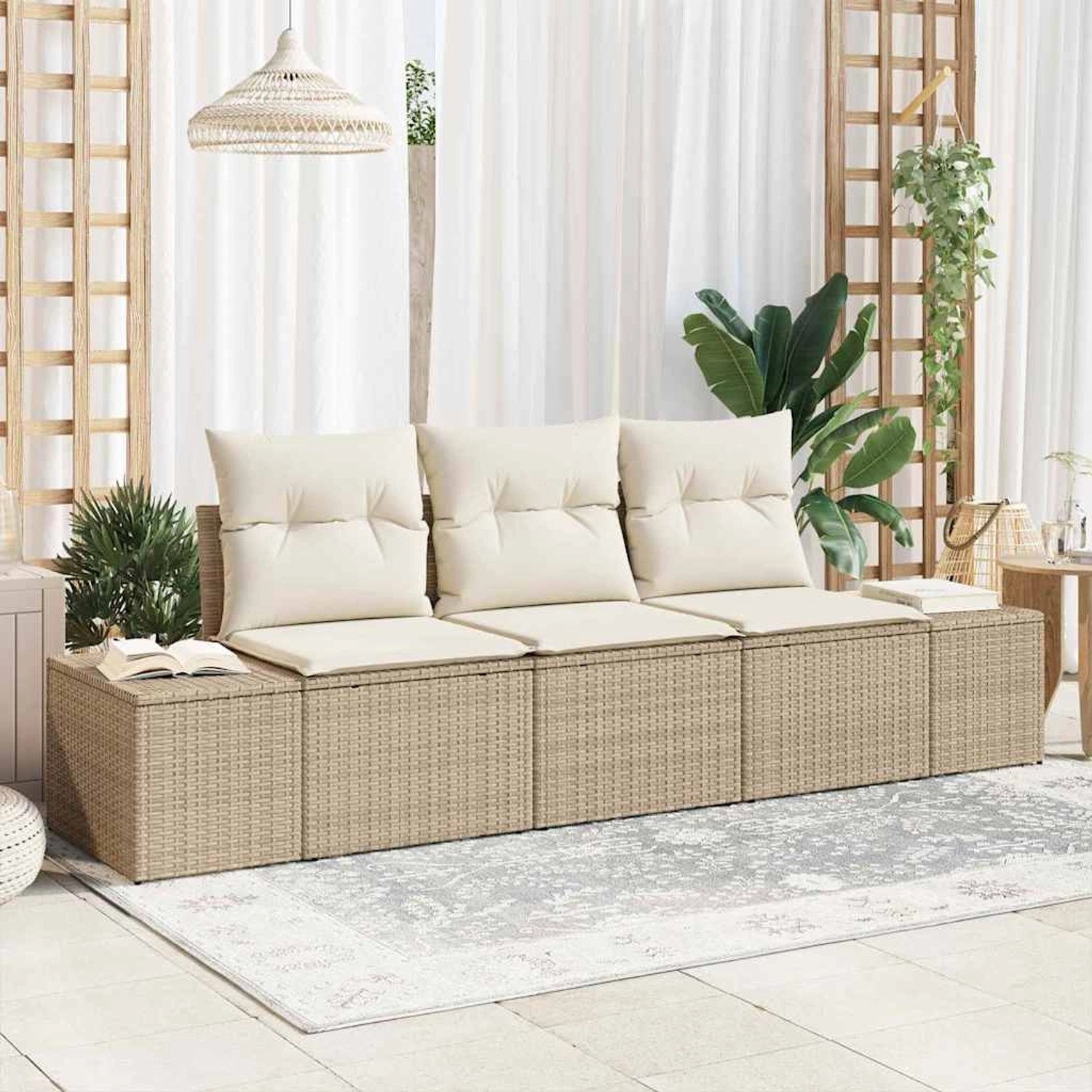 Beiges 3-teiliges Garten-Sofa-Set aus Poly Rattan von vidaXL. Modulares Lounge-Set mit Kissen für Garten oder Terrasse.