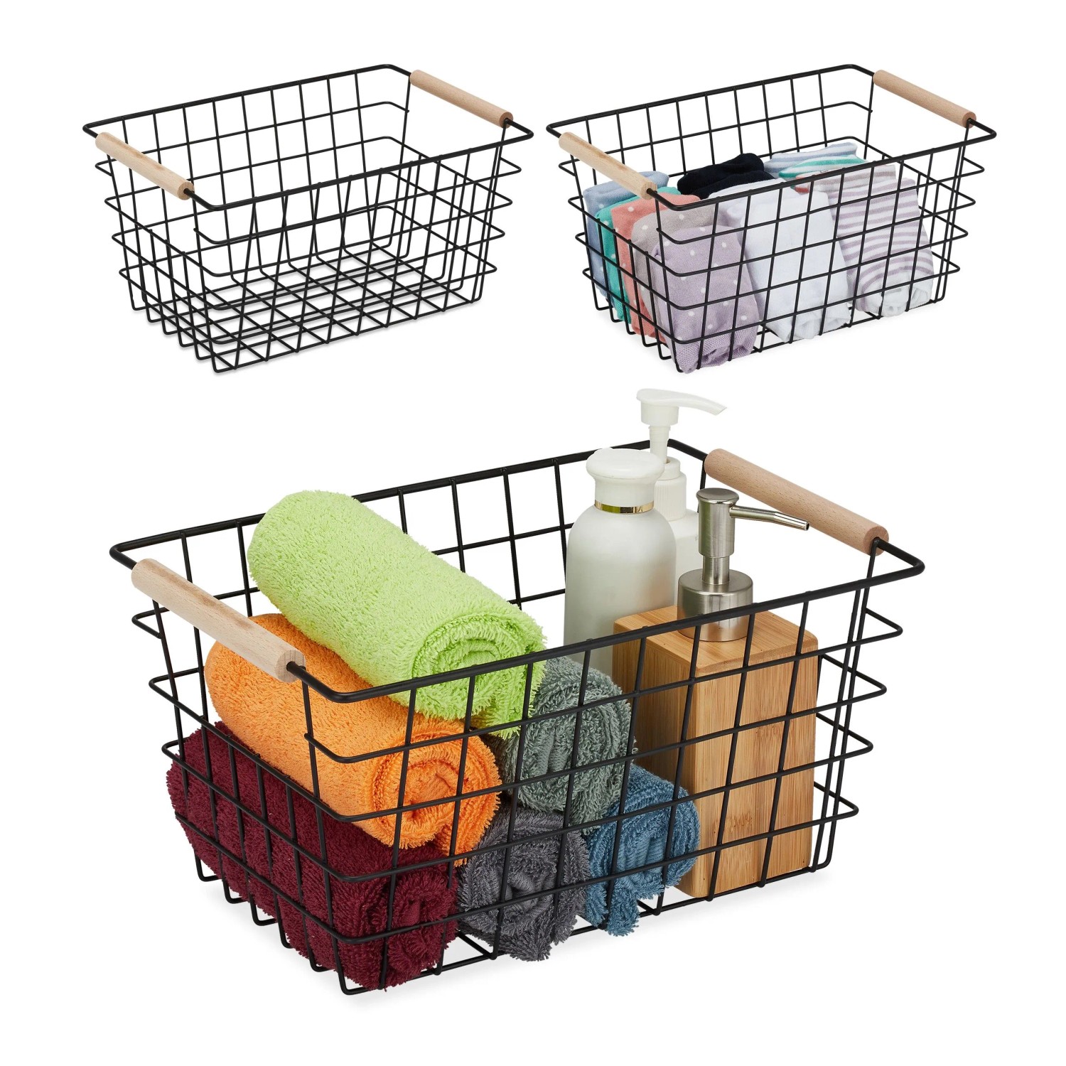 Relaxdays Drahtkorb 3er Set Eisen Schwarz mit Holzgriffen 16 cm x 31 cm x 21 cm