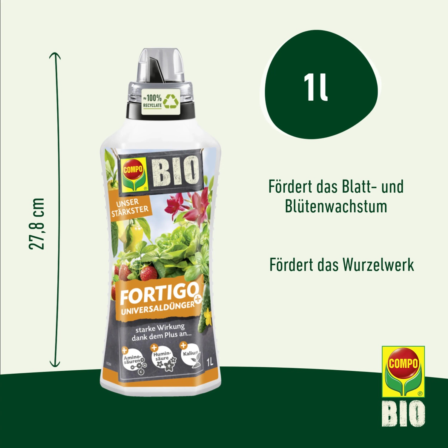 Compo Bio Universaldünger Fortigo 1L Flasche für gesundes Pflanzenwachstum.