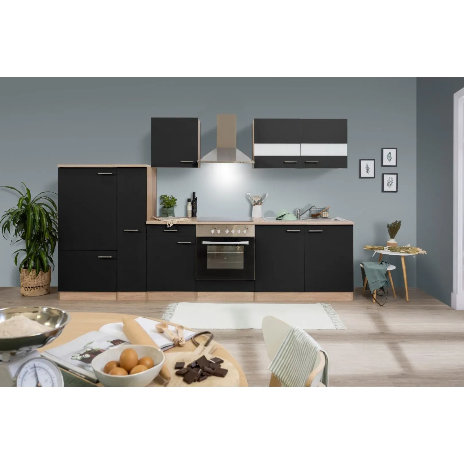 Respekta Küchenzeile KB300ESSC 300 cm Schwarz-Eiche Sägerau Nachbildung