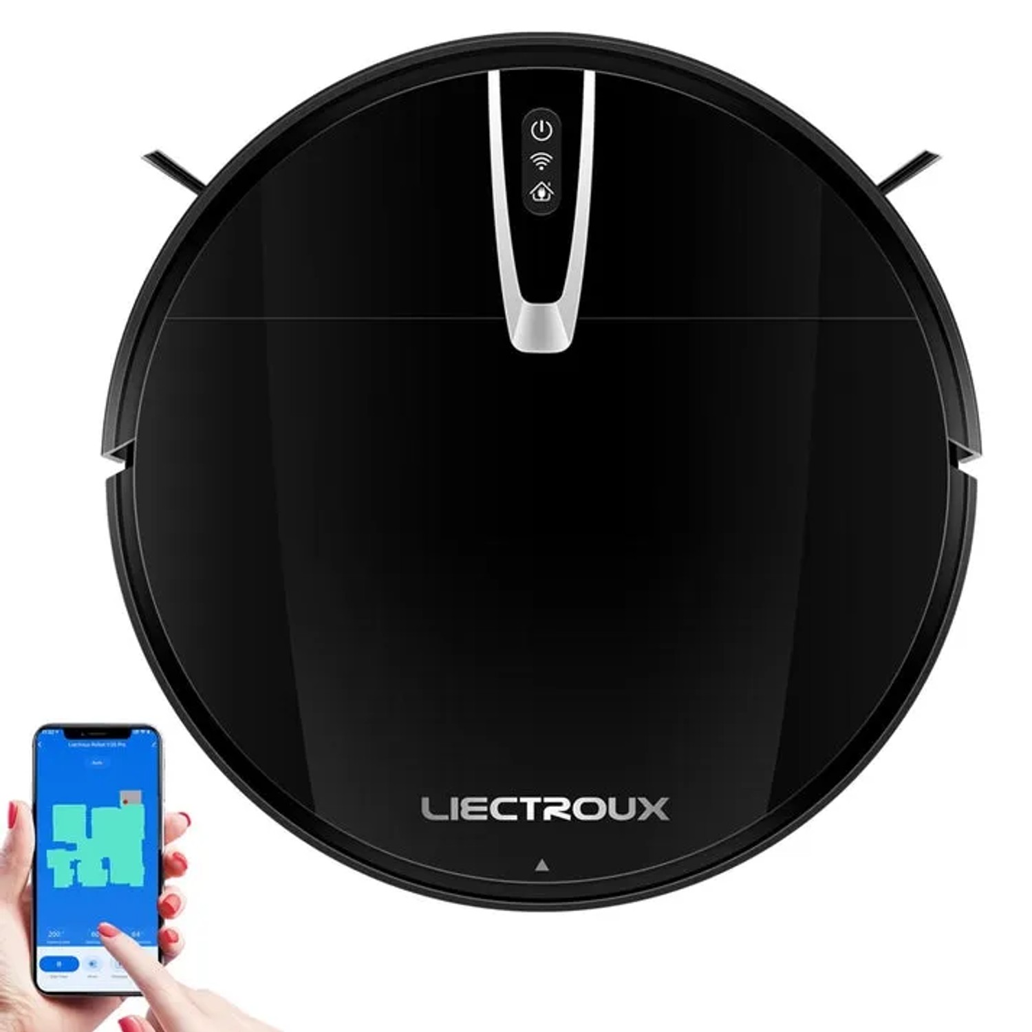 Schwarzer Liectroux Saugroboter V3spro mit App-Steuerung.