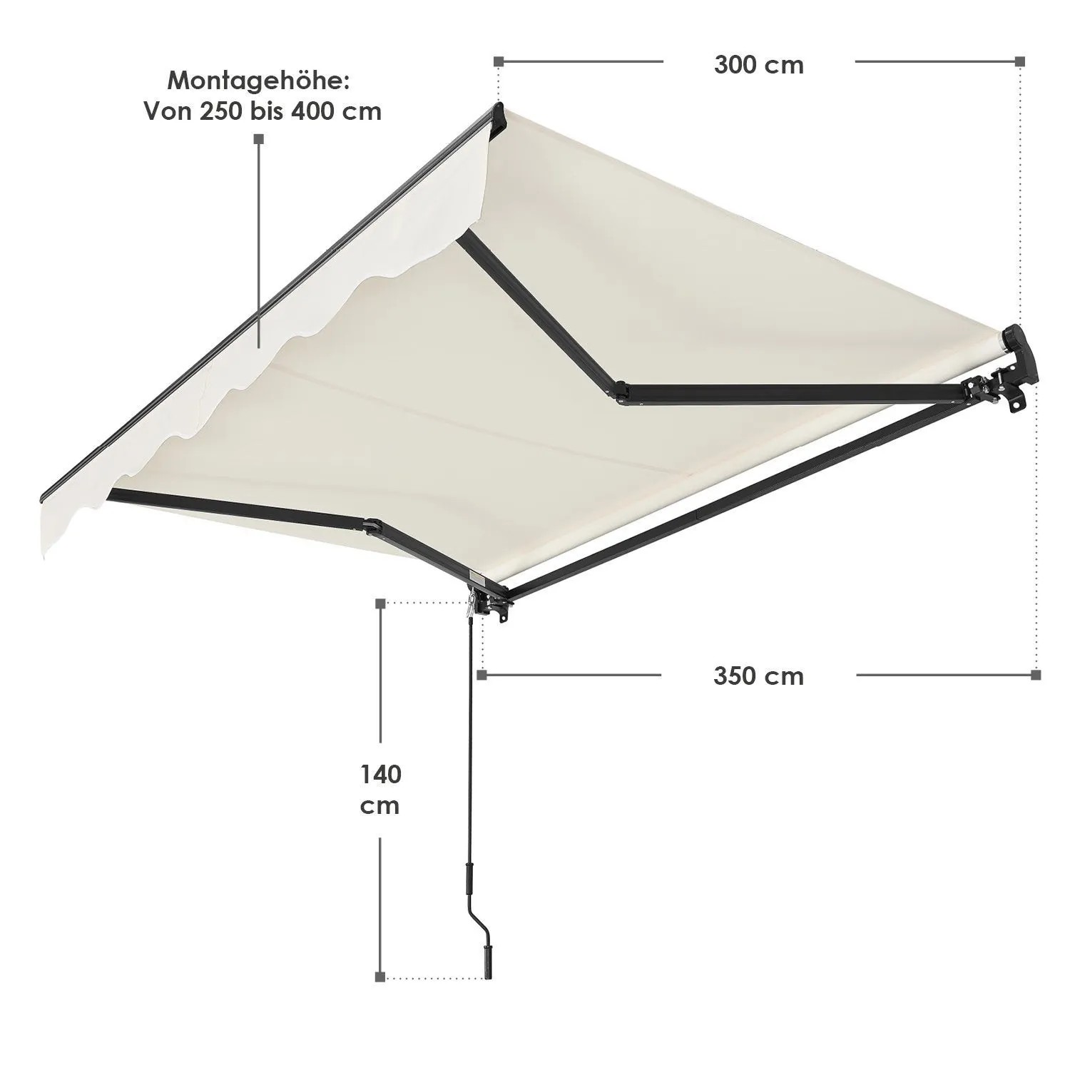 Beige Gelenkarmmarkise 350x300 cm mit schwarzem Gestell, ausgefahren, seitliche Ansicht.