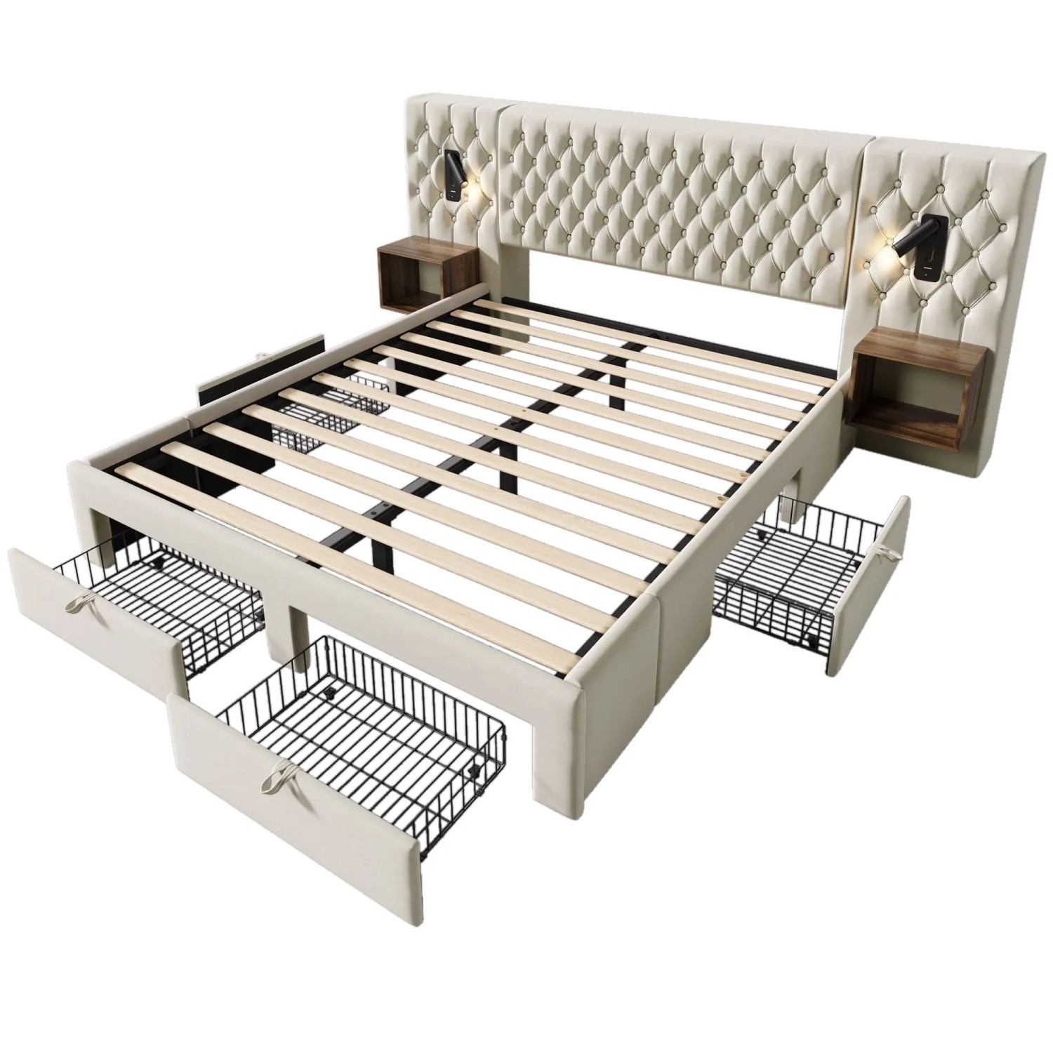 Merax Polsterbett 180x200 Bettset Nachttische LED Samt Beige