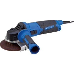 Blauer LUX-TOOLS Elektro-Winkelschleifer E-WS-750/125 mit Schleifscheibe und Zusatzhandgriff.