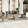 Beige 6-tlg. Garten-Sofagarnitur aus Rattan mit grauen Kissen. Gartenmöbel-Set mit Tisch, Sesseln und Sofa.