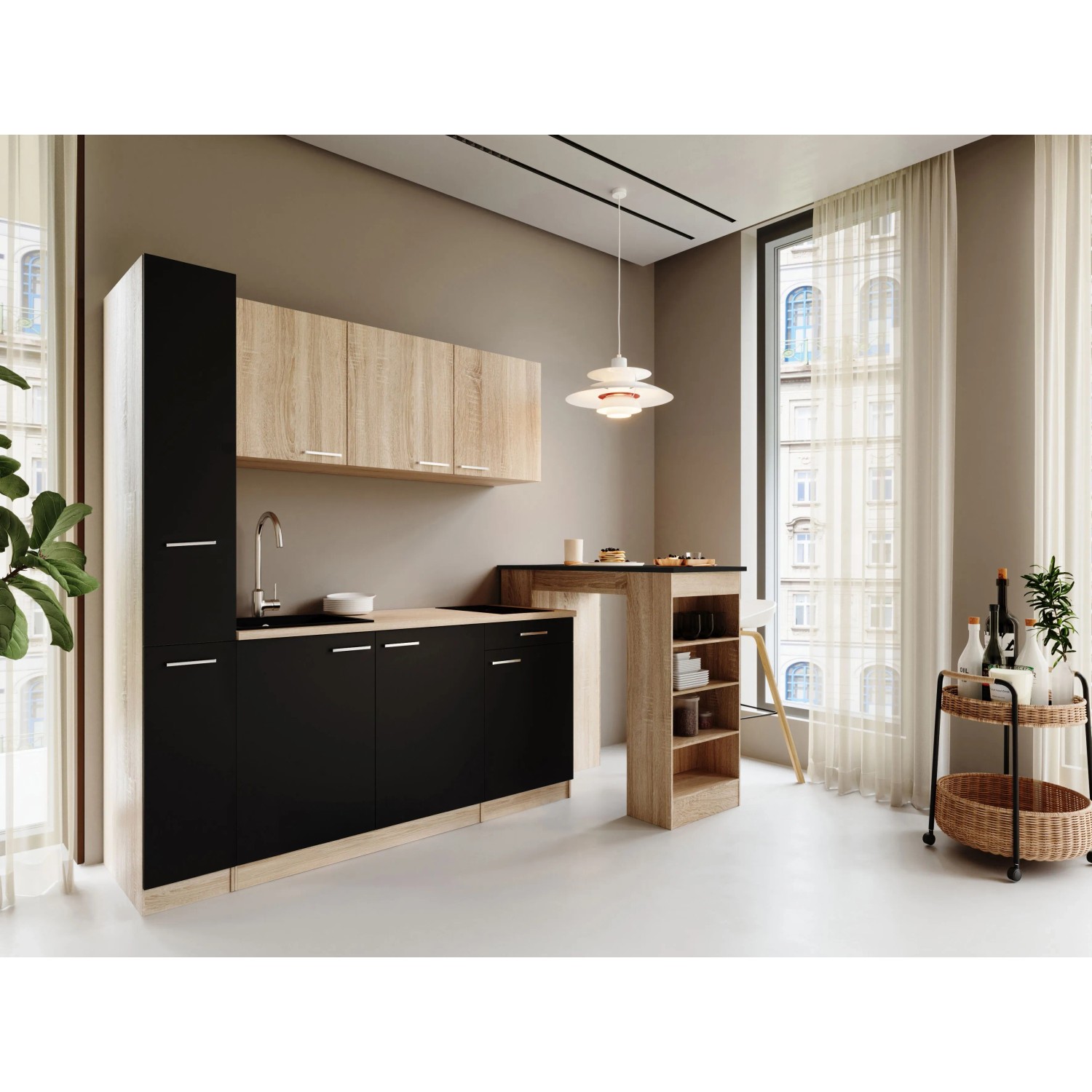 Respekta Ingrid Singleküche 180 cm Schwarz mit Bartisch mit Apothekenschrank