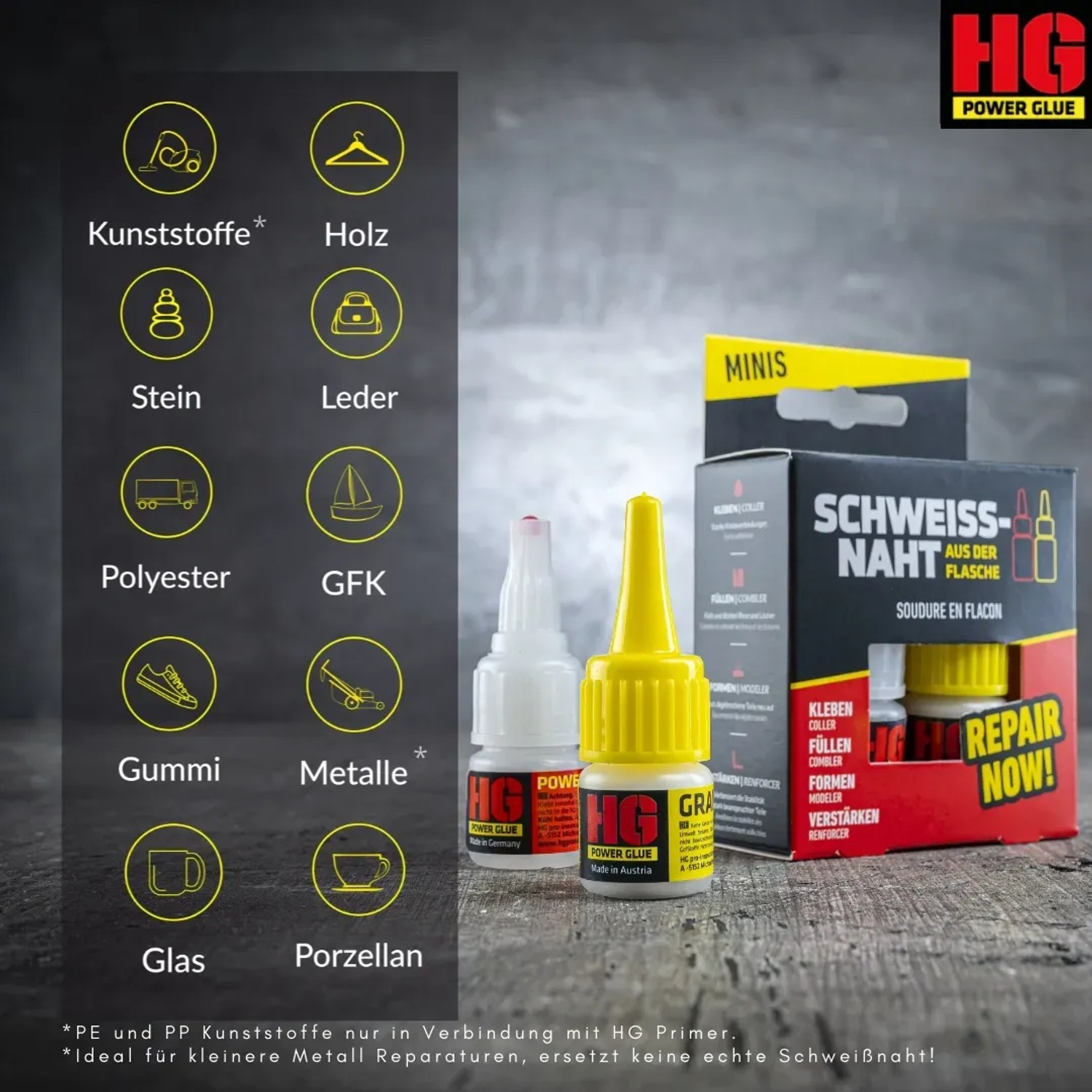 HG Power Glue Mini: Reparaturkleber-Set mit Kleber und Granulat für Haushalt, Garten & Werkstatt.