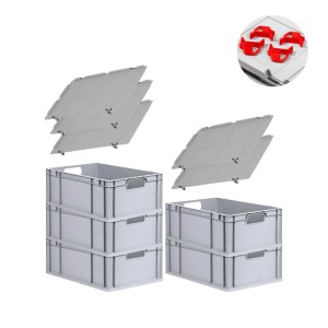 PROREGAL Spar Set: 5 Euroboxen mit Deckel, 4 Schnappverschlüsse. Graue Aufbewahrungsboxen, 44 Liter.