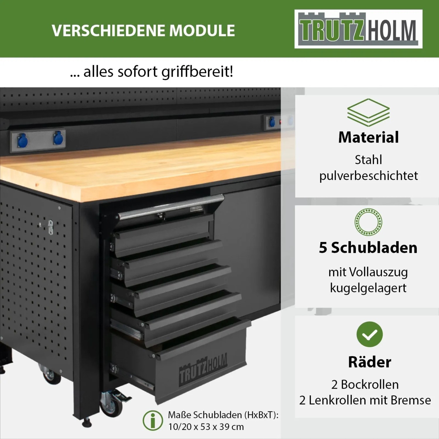TRUTZHOLM Werkstattwand Profiline XXL mit Schubladen, Werkzeugschrank aus Stahl mit LED und Steckdosen.