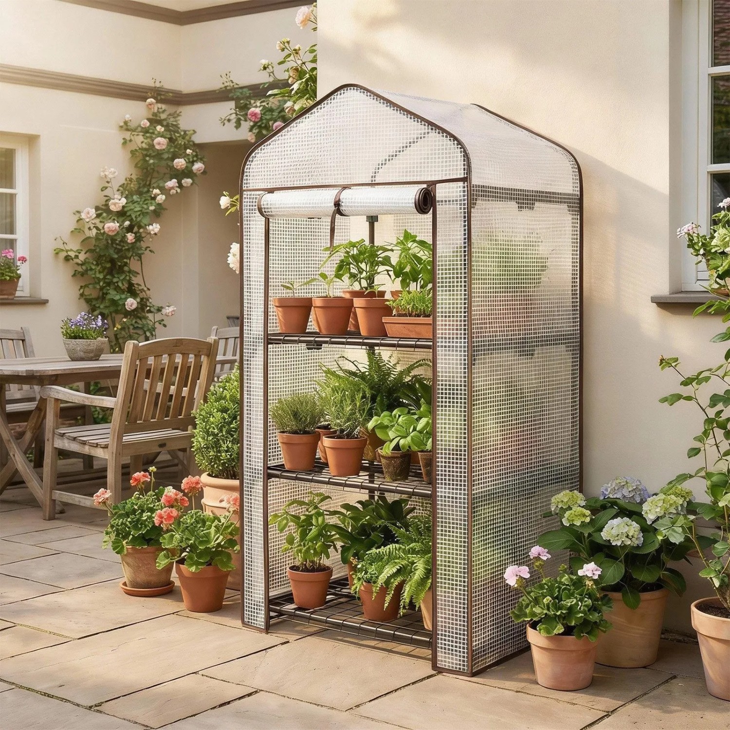 Kompaktes Foliengewächshaus mit transparentem Gitterfolie, dunklem Stahlrahmen und 3 Etagen voller Pflanzen auf Terrasse. Für Balkon & Garten.