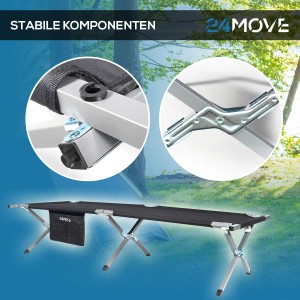 24MOVE Campingbett, Feldbett mit Tragetasche, klappbar, bis 180kg belastbar. Detailaufnahmen der stabilen Komponenten.