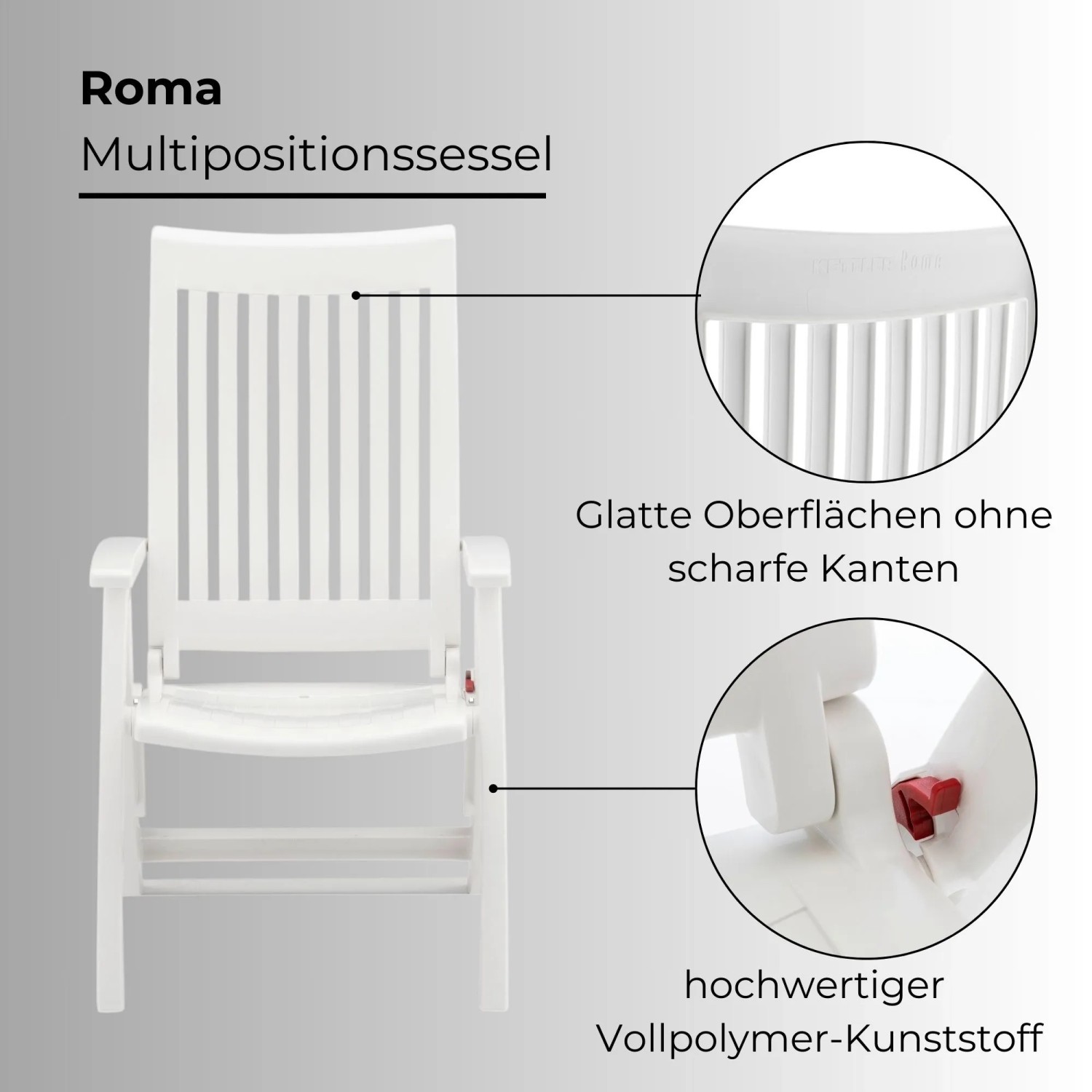 Weißer Kettler ROMA Multipositionssessel aus hochwertigem Kunststoff, mit verstellbarer Rückenlehne und glatten Oberflächen.