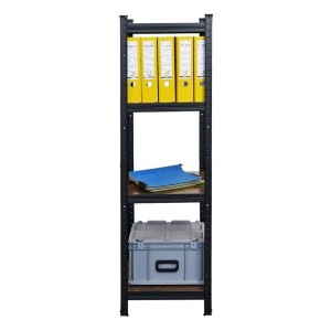 Schwarzes BERLINLODGE Wohnregal Ragnar mit 4 vintagebraunen Fachböden, beladen mit Ordnern und Box, für Büro oder Zuhause.