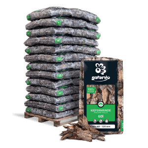 Palette Galamio Kiefernrinde Deko, 39 Säcke à 60l. Rindenmulch zur Dekoration und Unkrauthemmung im Garten.