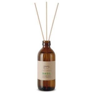 Ipuro Raumduft Basil 150ml im braunen Glasflakon mit Holzstäbchen. Frischer Raumduft für Ihr Zuhause.