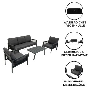 Jardi 4-teilige Aluminium Sofagarnitur in Anthrazitgrau mit Sofa, Sesseln und Tisch für den Garten.