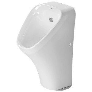Weißes Duravit DuraStyle Urinal mit Zulauf hinten, randlos und für Netzanschluss.
