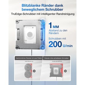 Ecovacs Winbot W2S Omni Fensterputzroboter in Grau mit TruEdge-Schrubber für Randreinigung.