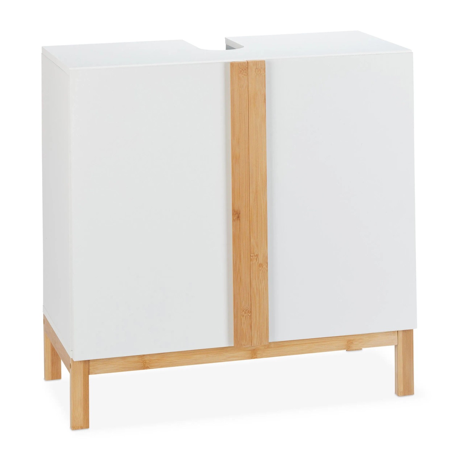 Relaxdays Waschbeckenunterschrank MDF Bambus Weiß Natur mit Siphon Aussparung Höhenverstellbar 60,5 cm x 60 cm x 30,5 cm 11 kg
