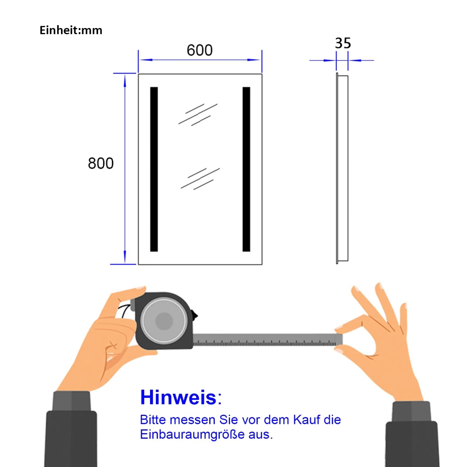 Skizze des Emke LED Badspiegels 80x60 cm mit Maßangaben.