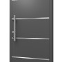 Moderne anthrazitfarbene Aluminium Haustür mit Edelstahl-Applikationen und Griff.
