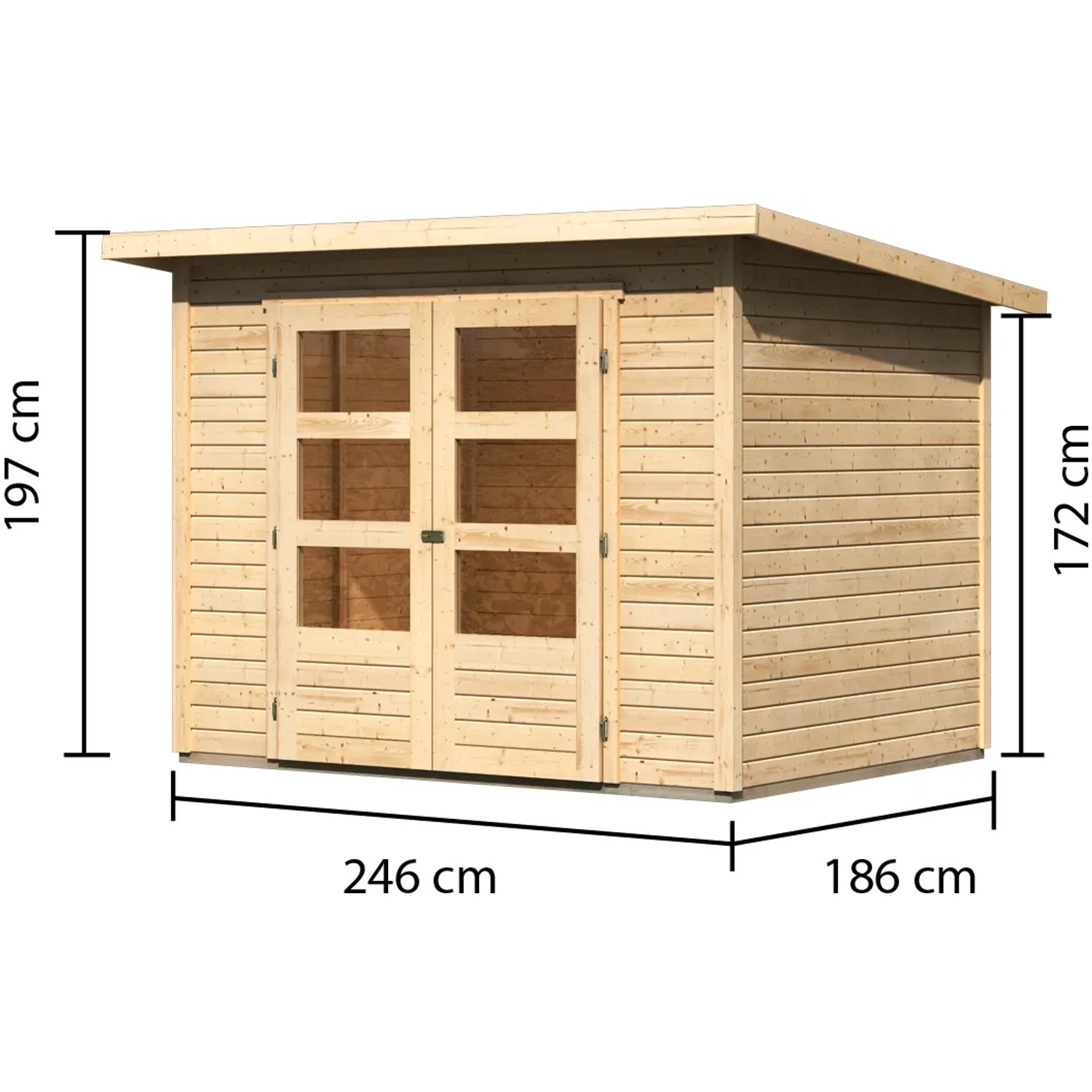 Karibu Holz-Gartenhaus Sitten, unbehandelt, mit Pultdach und Maßangaben.
