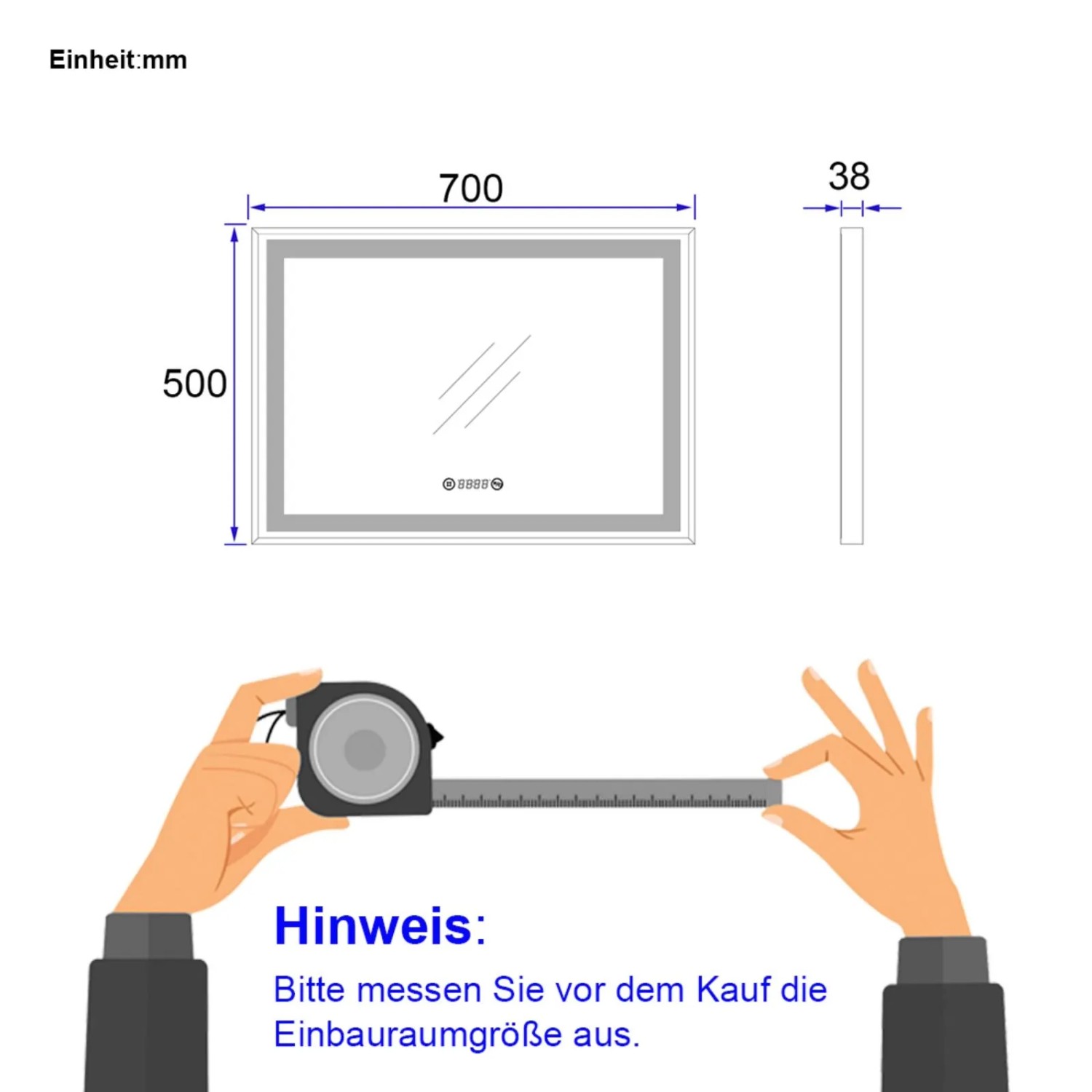 Skizze: Emke Badspiegel 70x50cm mit schwarzem Rahmen, Maße und Hinweis zum Ausmessen vor dem Kauf.
