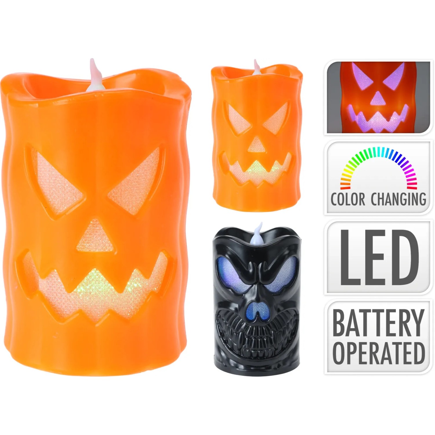 LED-Kerzen mit Halloween-Motiv: Kürbisgesicht und Totenkopf, batteriebetrieben, für stimmungsvolle Deko.