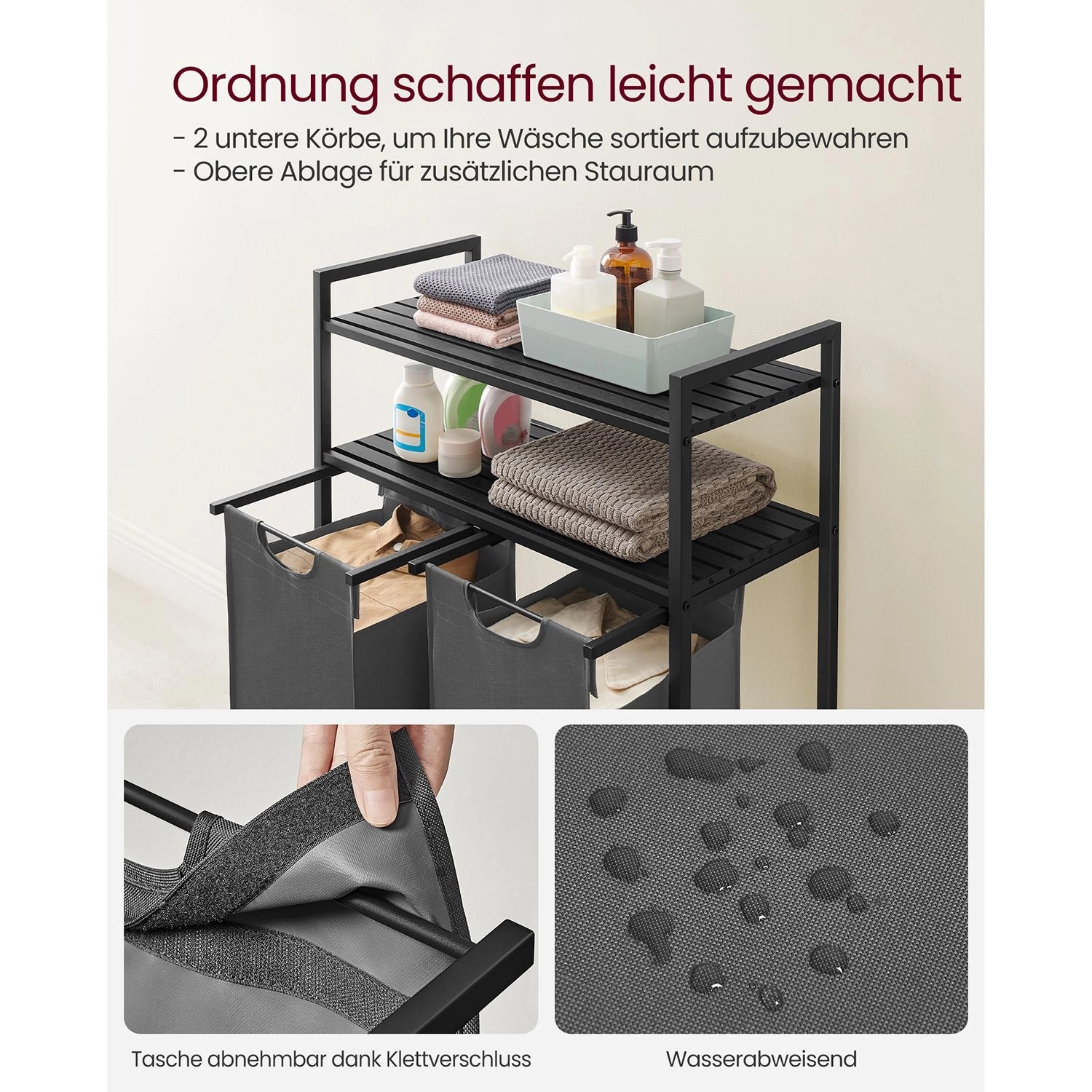 Vasagle Wäschekorb mit 2 Fächern, schwarz-grau, 92 Liter, mit Ablagen für Waschmittel.