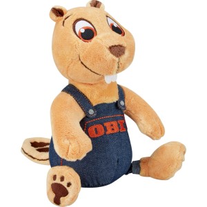 OBI Biber Plüschtier, orange, mit blauer Jeans-Latzhose und OBI Logo. Kuschelige Dekofigur für Kinder.