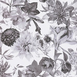 PROFHOME Vliestapete mit floralem Blumenmuster in Grau, Schwarz und Weiß.