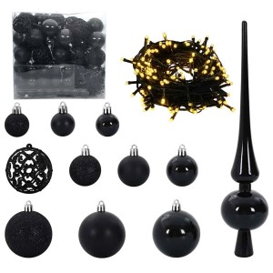 Schwarzes vidaXL Weihnachtskugel-Set, 120-teilig mit LED-Lichterkette und Baumspitze.