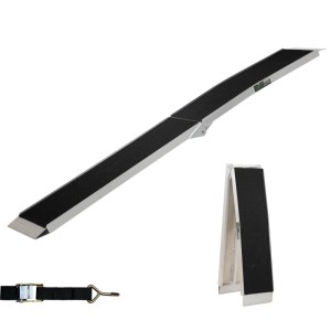 TRUTZHOLM klappbare Auffahrrampe, 228 cm lang, Traglast 340 kg, mit Spanngurt, in Grau und Schwarz.