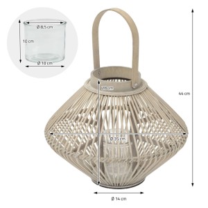 Bambus Laterne (H 44cm) im Boho Stil mit Glaseinsatz. Dekorative Holzfarbe, geeignet für Kerzen.